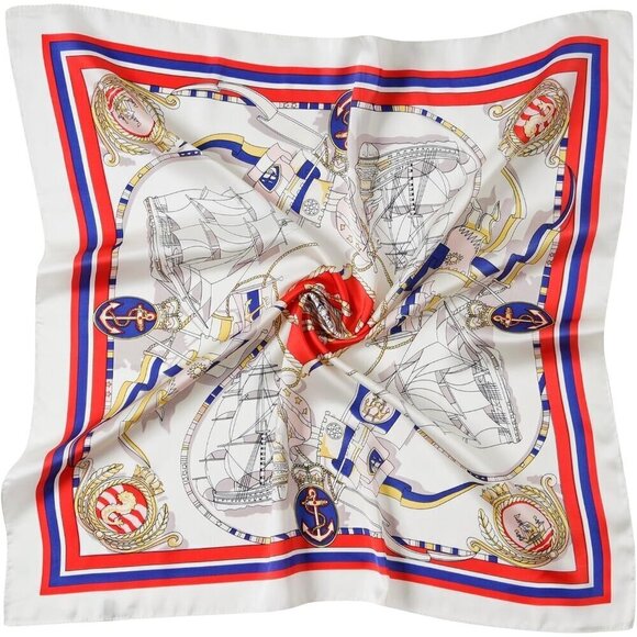 Accessories - Women Red Sailboat Headscarf Satin Bandana Pattern Polyester Breathable Scarves